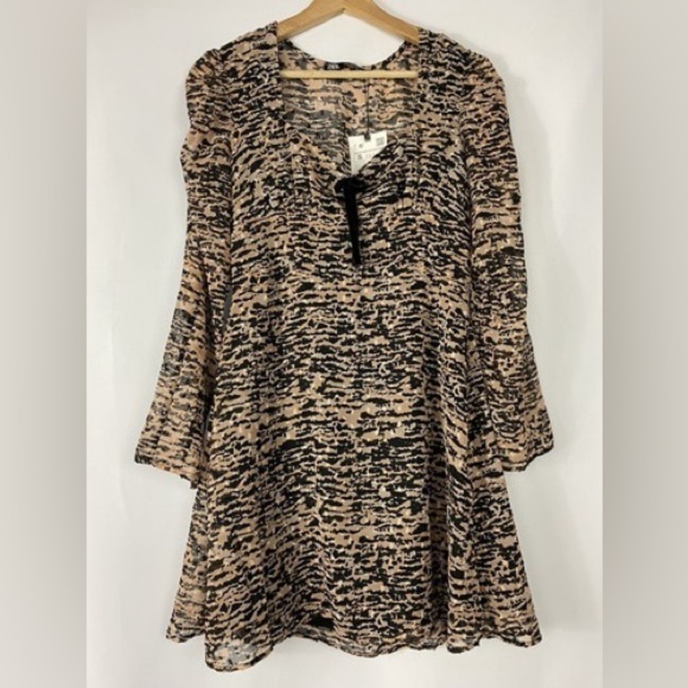 ✨ NWT Zara Abstract Print Mini Dress – Neutral Tan & Black – Size Small